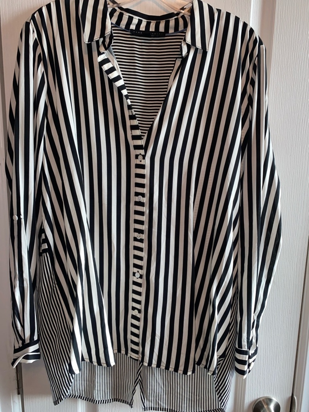 Jane and Delancey Black and White Vertical Stripe Button-Down Shirt